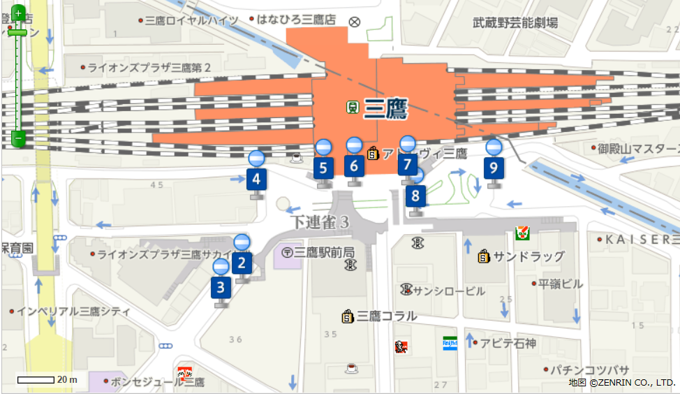 三鷹駅南口のバス乗り場 鷹５１系統 鷹５６系統 たなべ耳鼻咽喉科 三鷹の耳鼻咽喉科たなべ耳鼻咽喉科 補聴器適合 アレルギー性鼻炎の治療